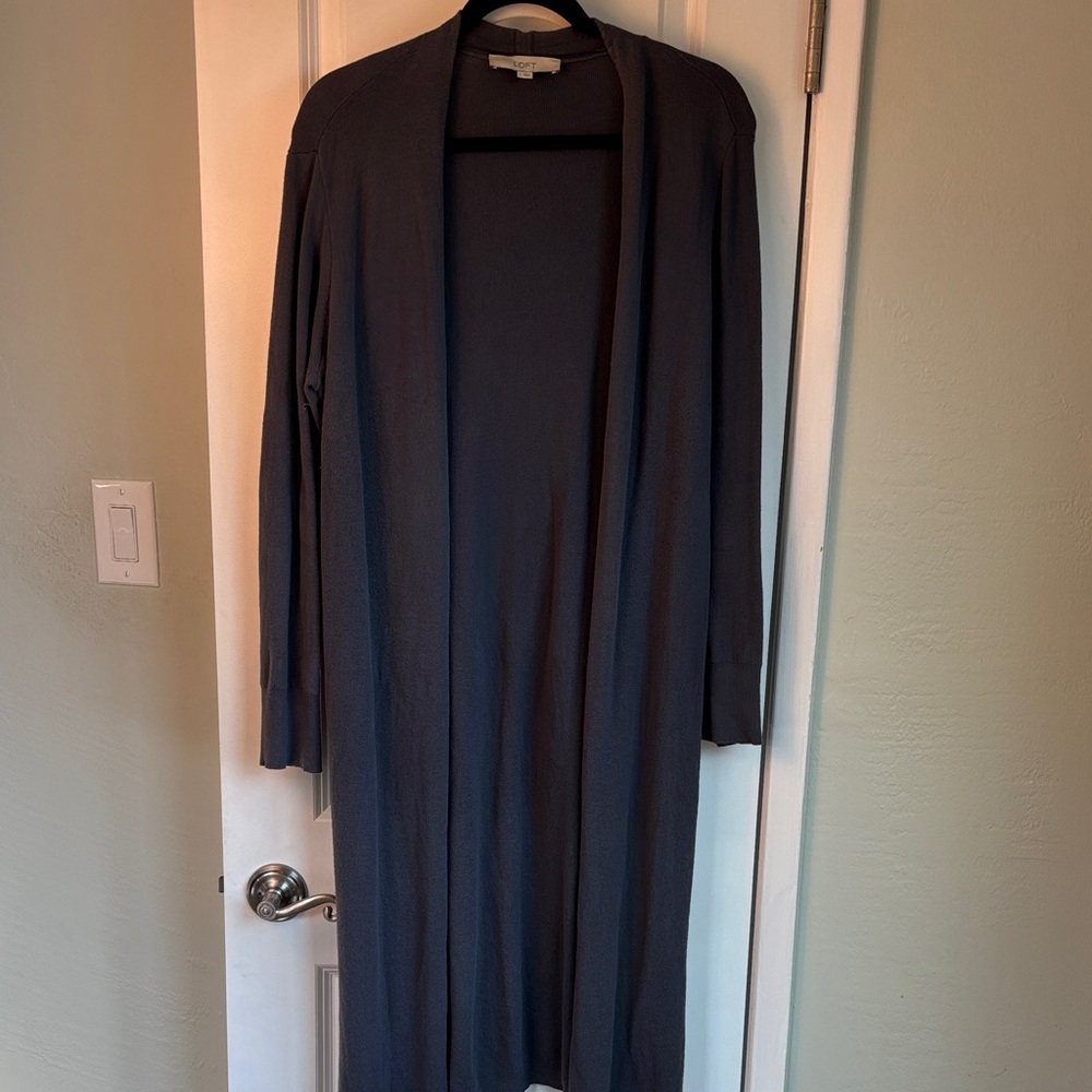 LOFT Sweater Cardigan Charcoal Gray Long Open Knit Size Large